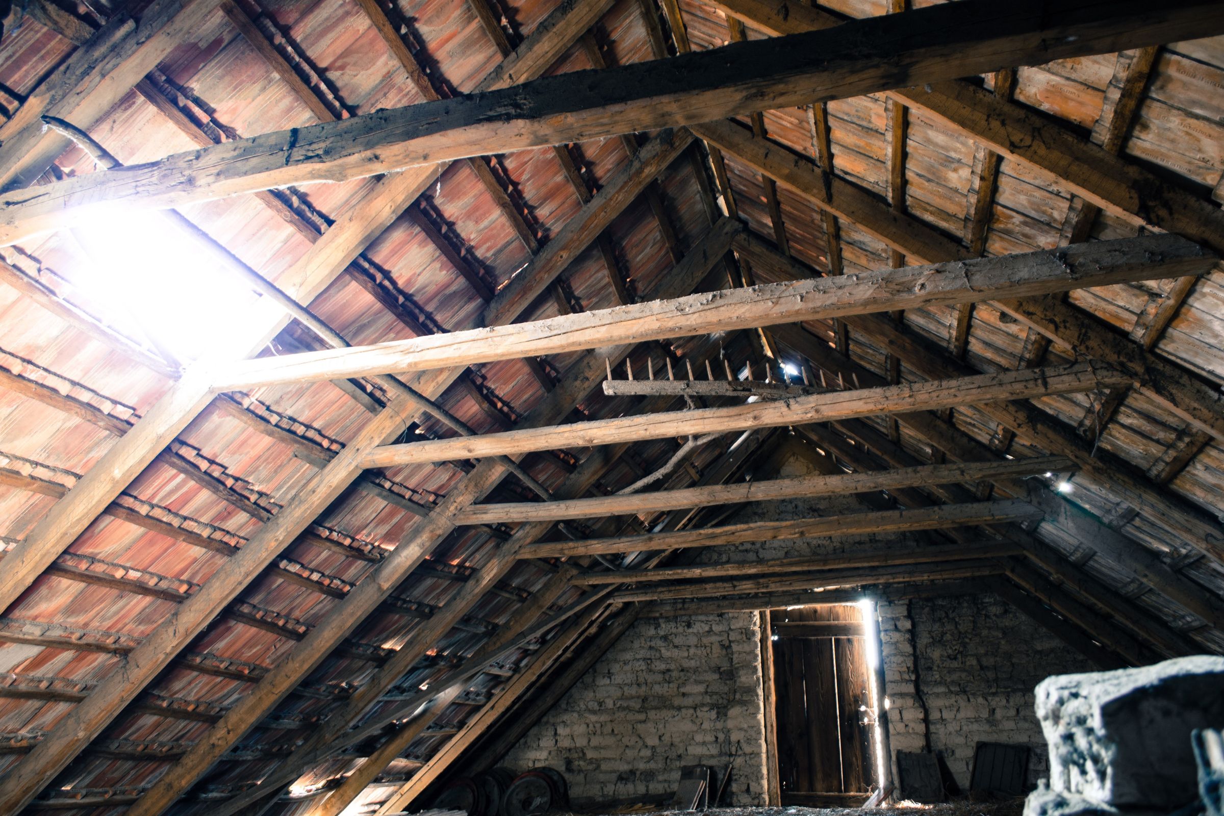 An attic with exposed wooden beams and a ladder, illustrating the area for mold removal services in Vancouver, WA.