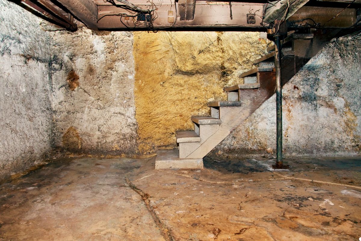 An old basement featuring a worn staircase and a bare cement floor, illuminated by soft, ambient lighting.
